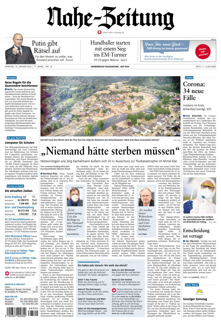 Nahe-Zeitung vom Samstag, 15.01.2022