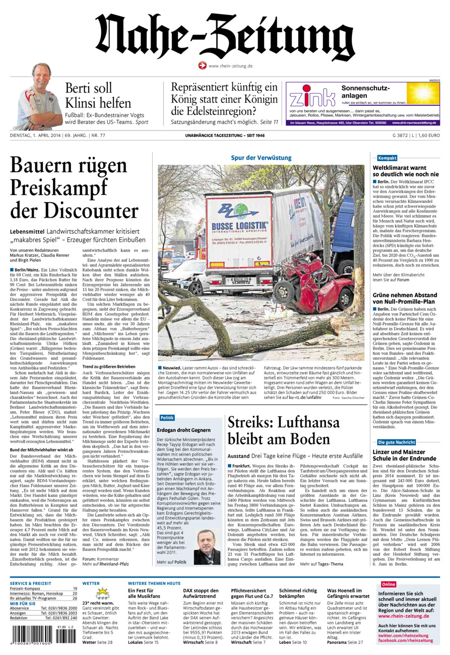 Nahe-Zeitung vom Dienstag, 01.04.2014