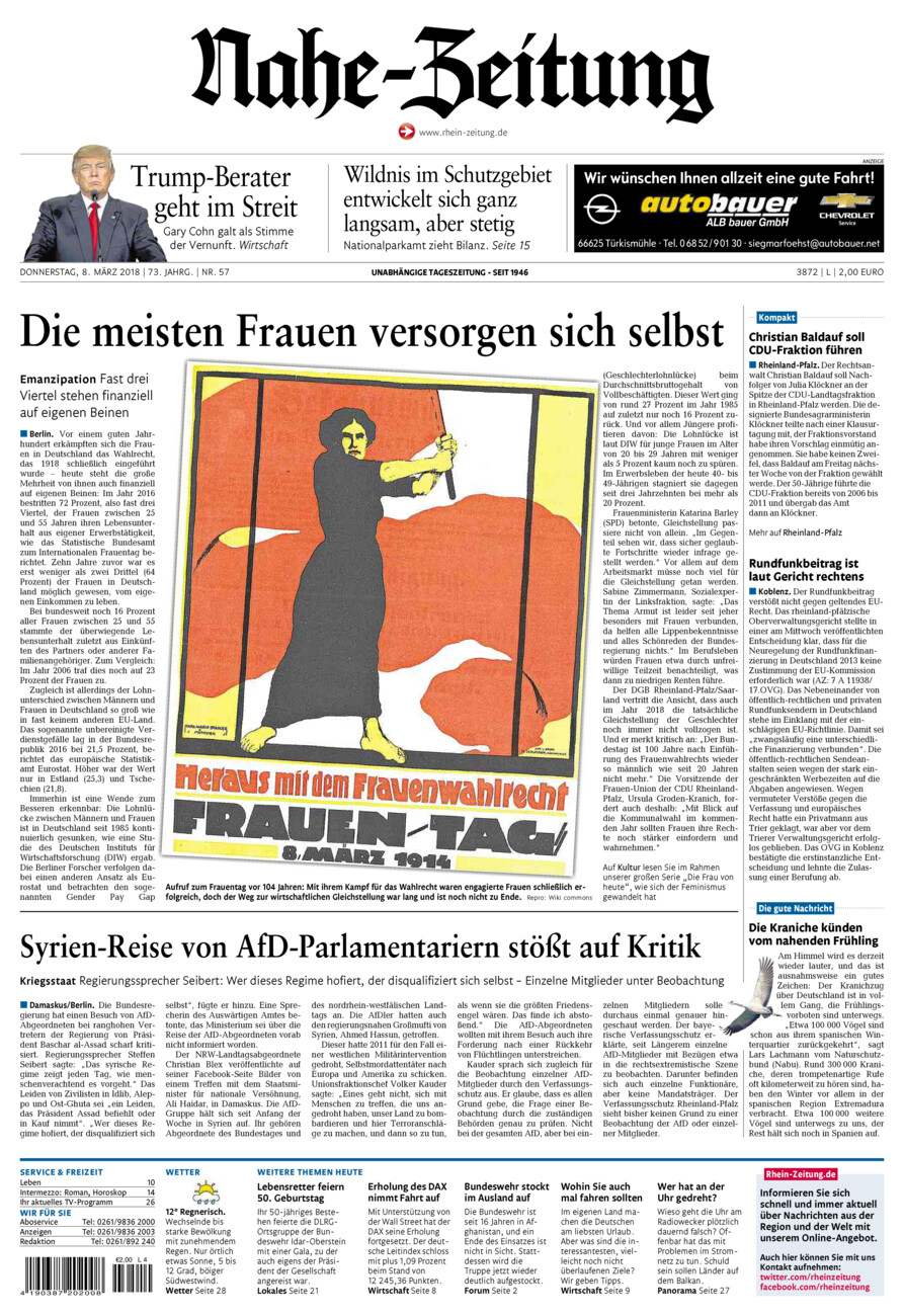 Nahe-Zeitung vom Donnerstag, 08.03.2018