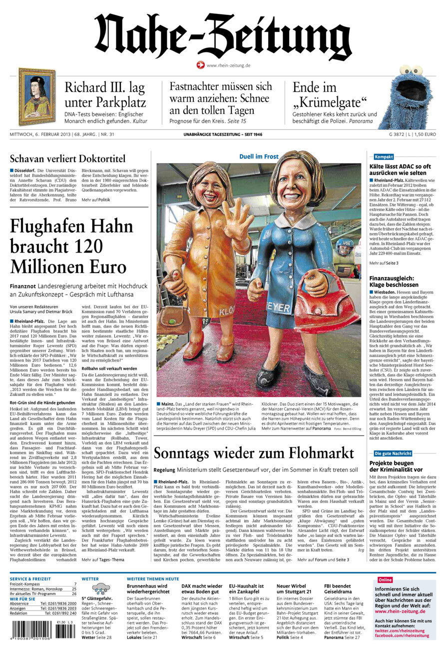 Nahe-Zeitung vom Mittwoch, 06.02.2013