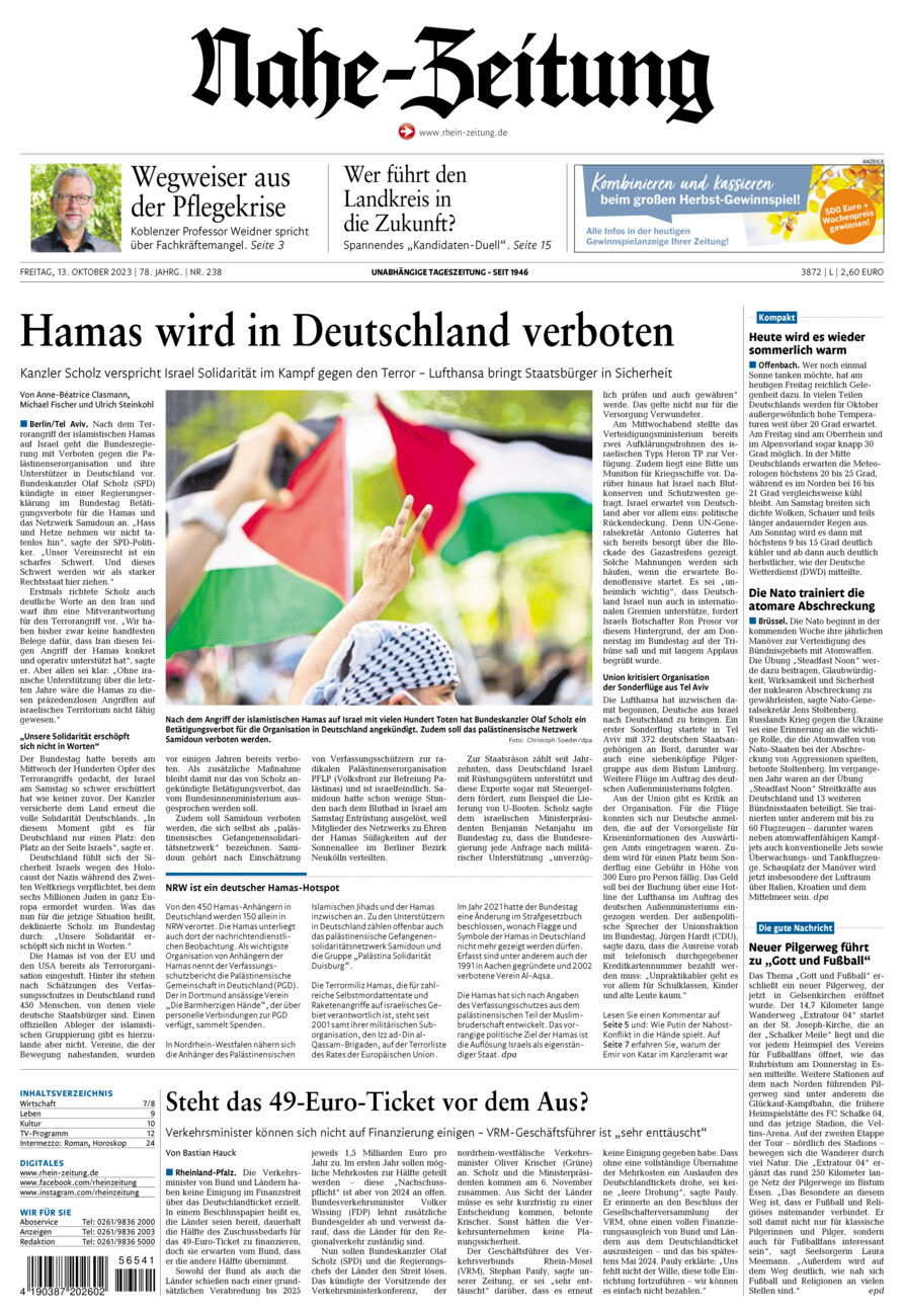 Nahe-Zeitung vom Freitag, 13.10.2023