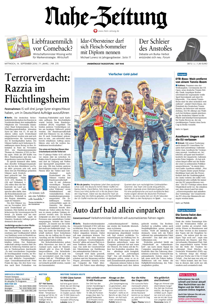 Nahe-Zeitung vom Mittwoch, 14.09.2016