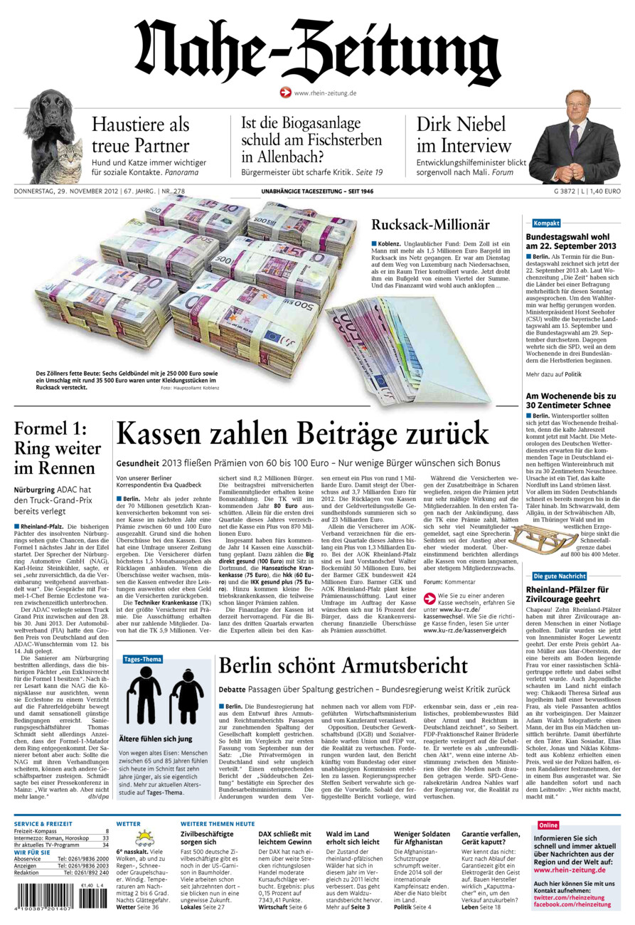 Nahe-Zeitung vom Donnerstag, 29.11.2012