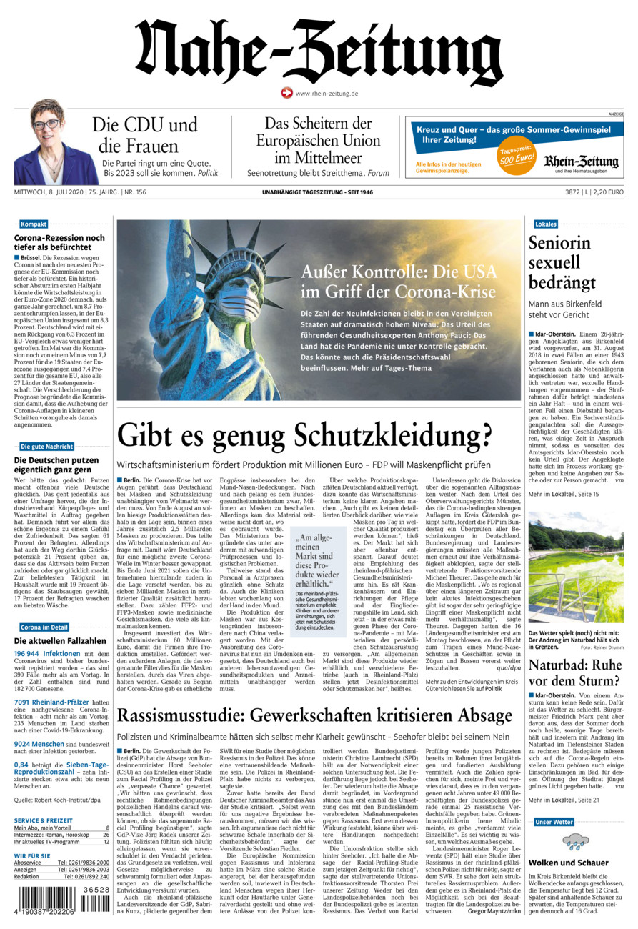 Nahe-Zeitung vom Mittwoch, 08.07.2020