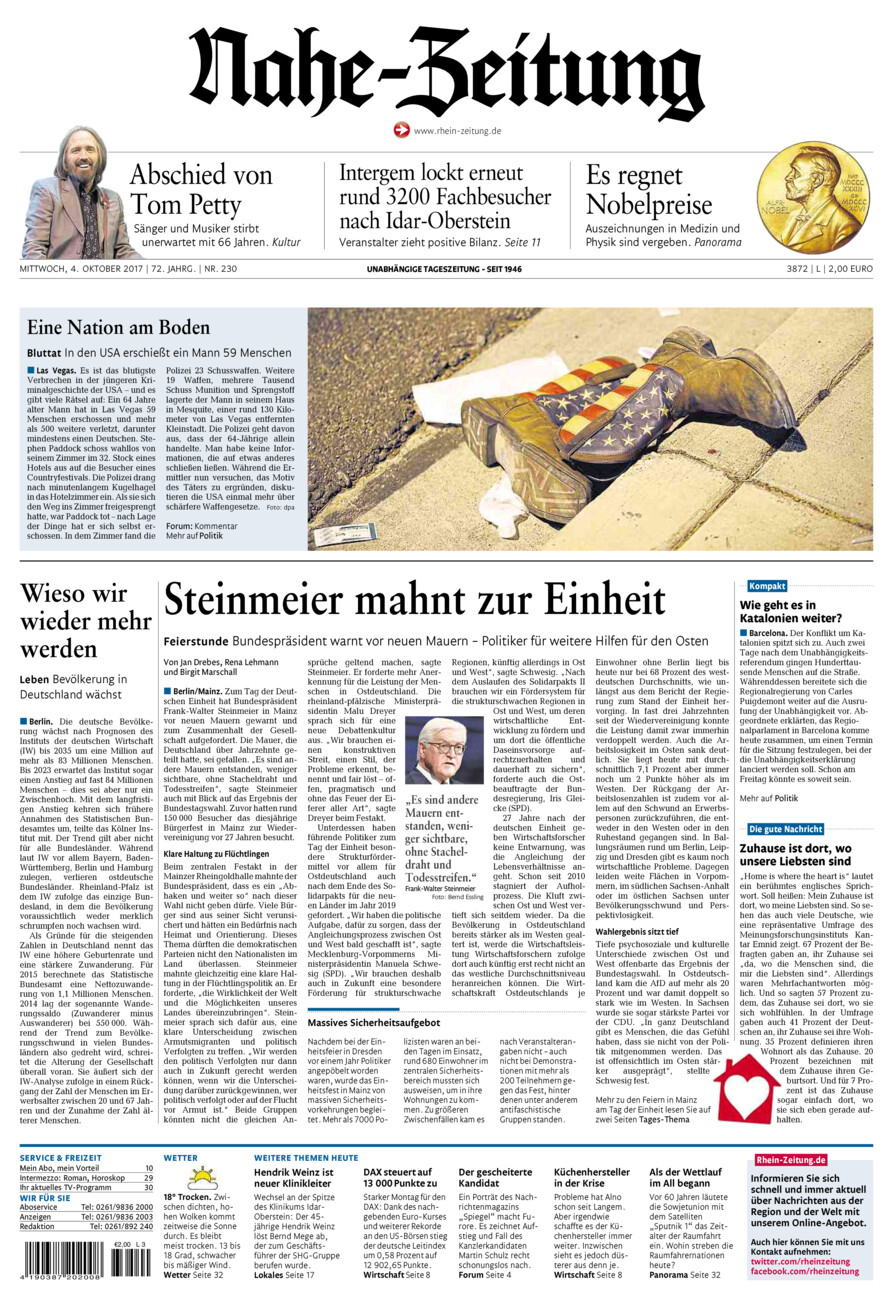 Nahe-Zeitung vom Mittwoch, 04.10.2017