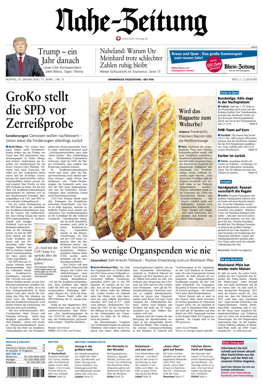 Nahe-Zeitung vom Montag, 15.01.2018