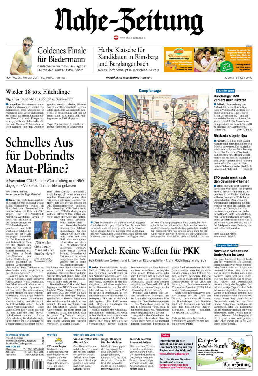 Nahe-Zeitung vom Montag, 25.08.2014