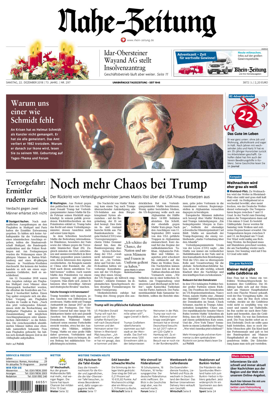 Nahe-Zeitung vom Samstag, 22.12.2018