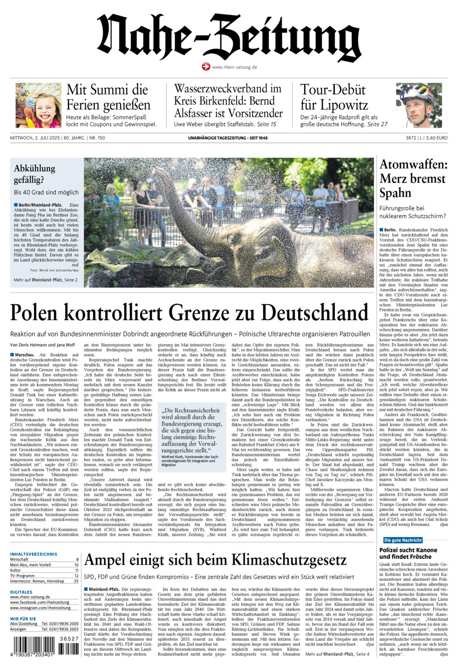 Nahe-Zeitung vom Mittwoch, 02.07.2025