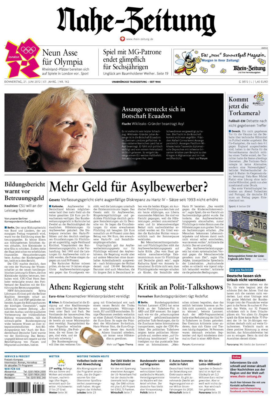Nahe-Zeitung vom Donnerstag, 21.06.2012