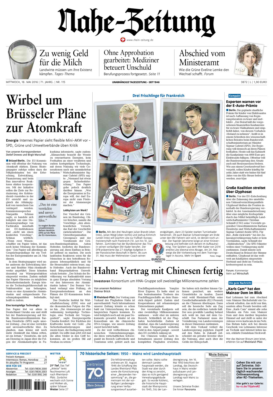Nahe-Zeitung vom Mittwoch, 18.05.2016