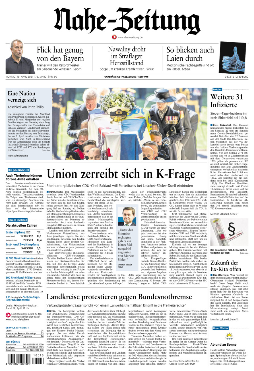 Nahe-Zeitung vom Montag, 19.04.2021