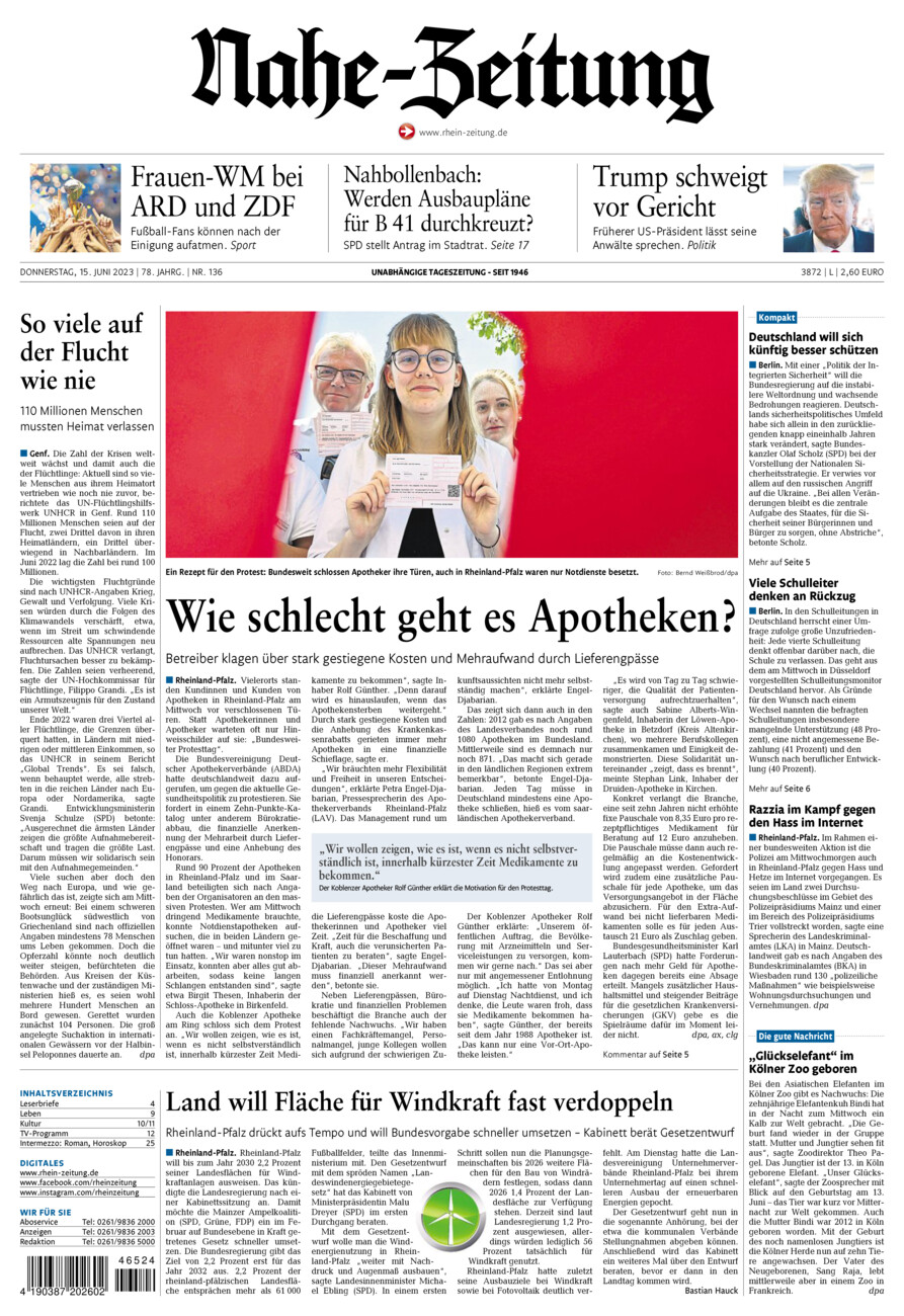 Nahe-Zeitung vom Donnerstag, 15.06.2023