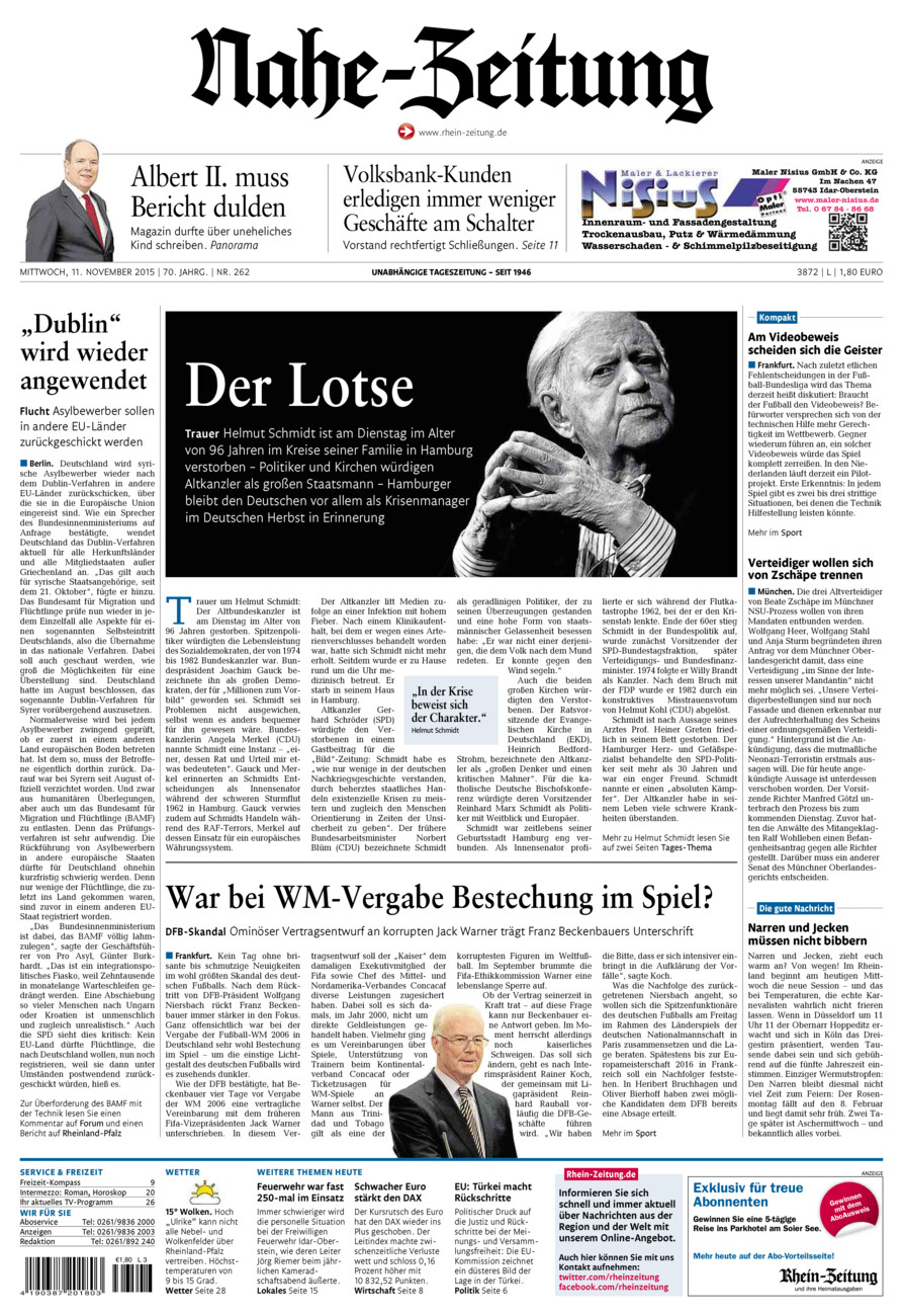 Nahe-Zeitung vom Mittwoch, 11.11.2015