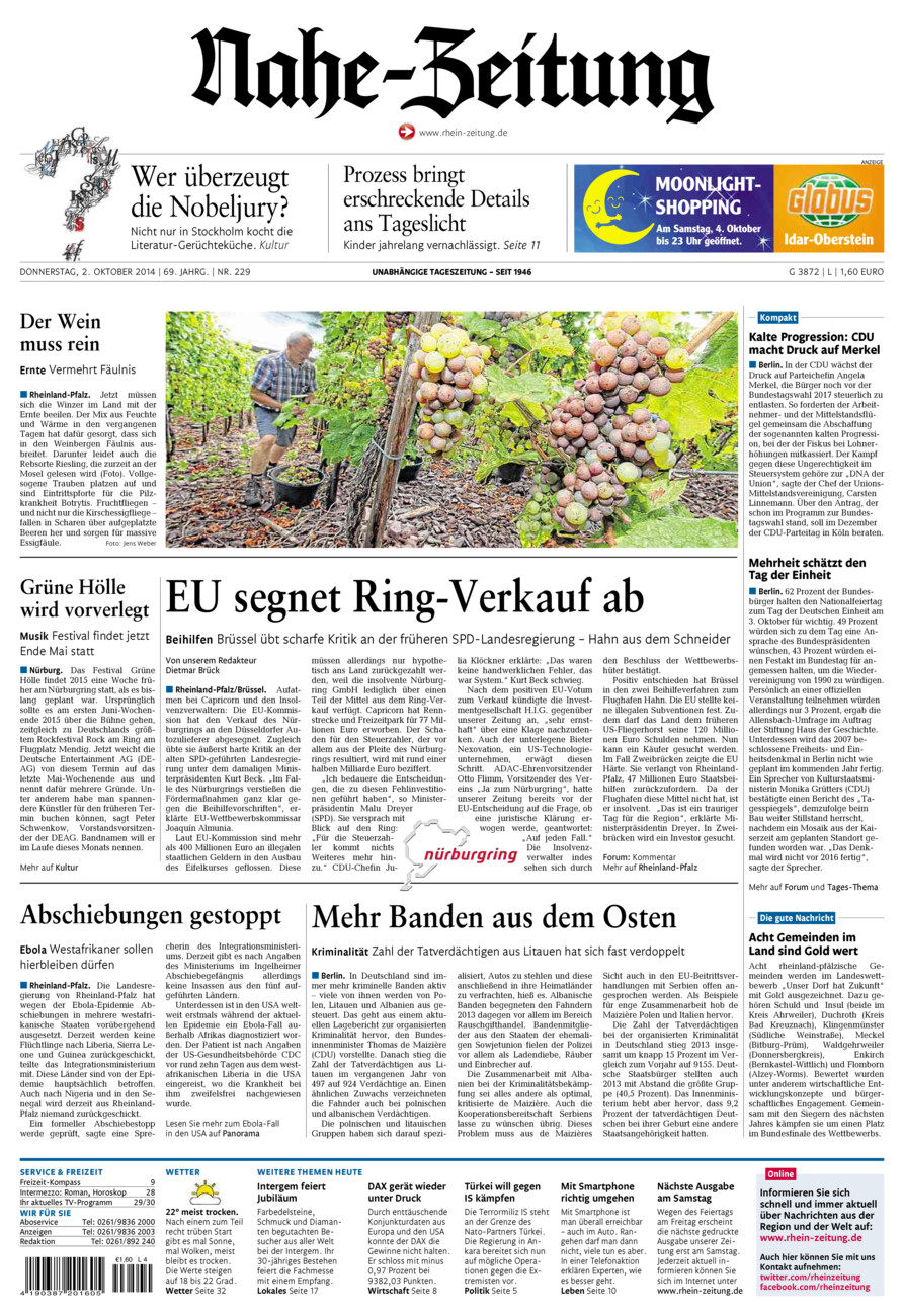 Nahe-Zeitung vom Donnerstag, 02.10.2014