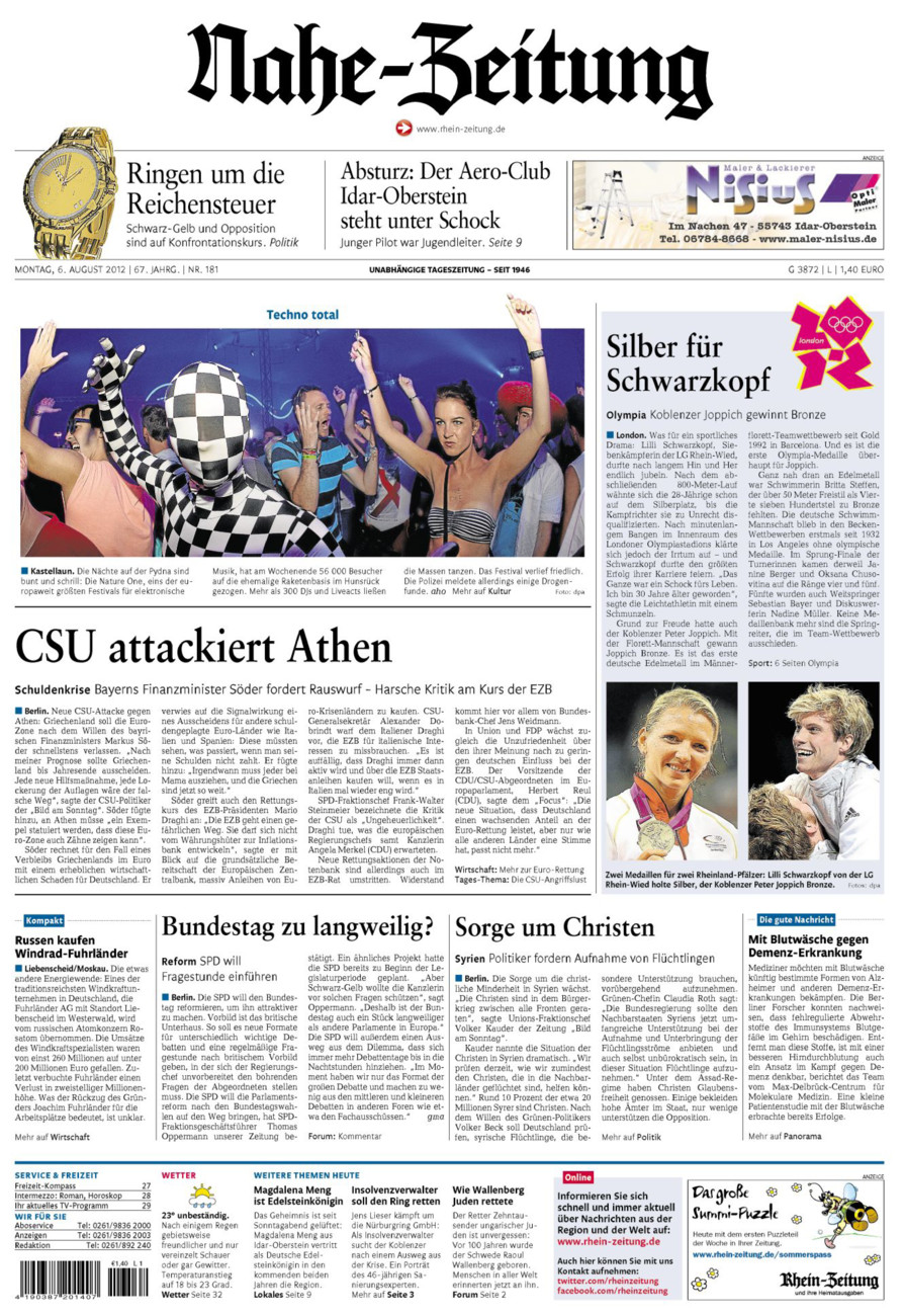 Nahe-Zeitung vom Montag, 06.08.2012