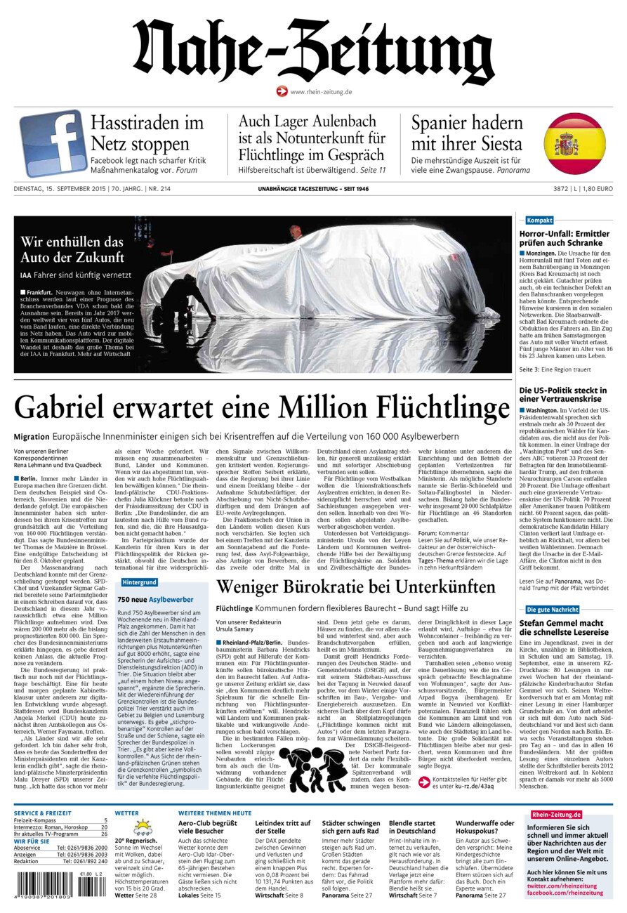Nahe-Zeitung vom Dienstag, 15.09.2015