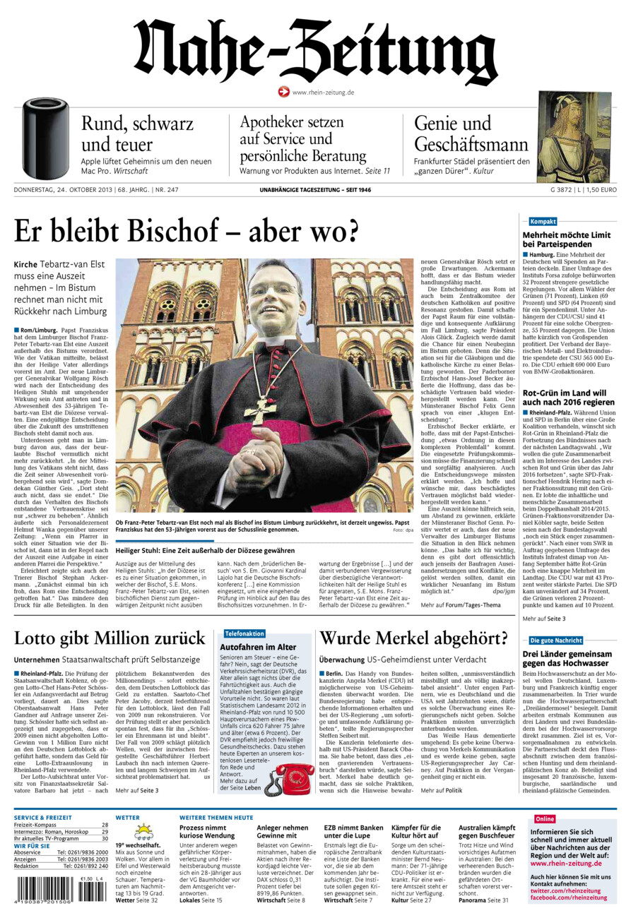 Nahe-Zeitung vom Donnerstag, 24.10.2013