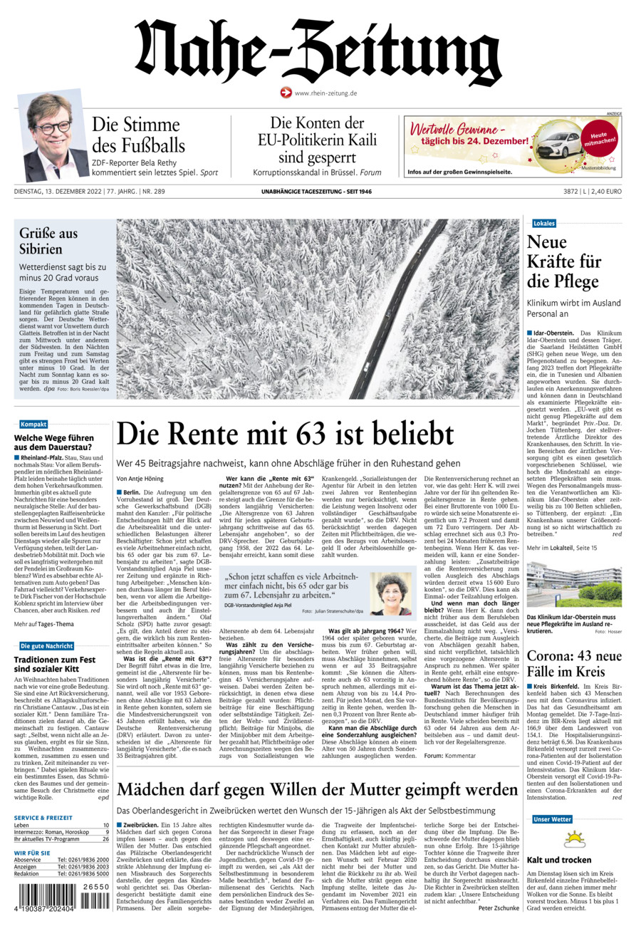 Nahe-Zeitung vom Dienstag, 13.12.2022