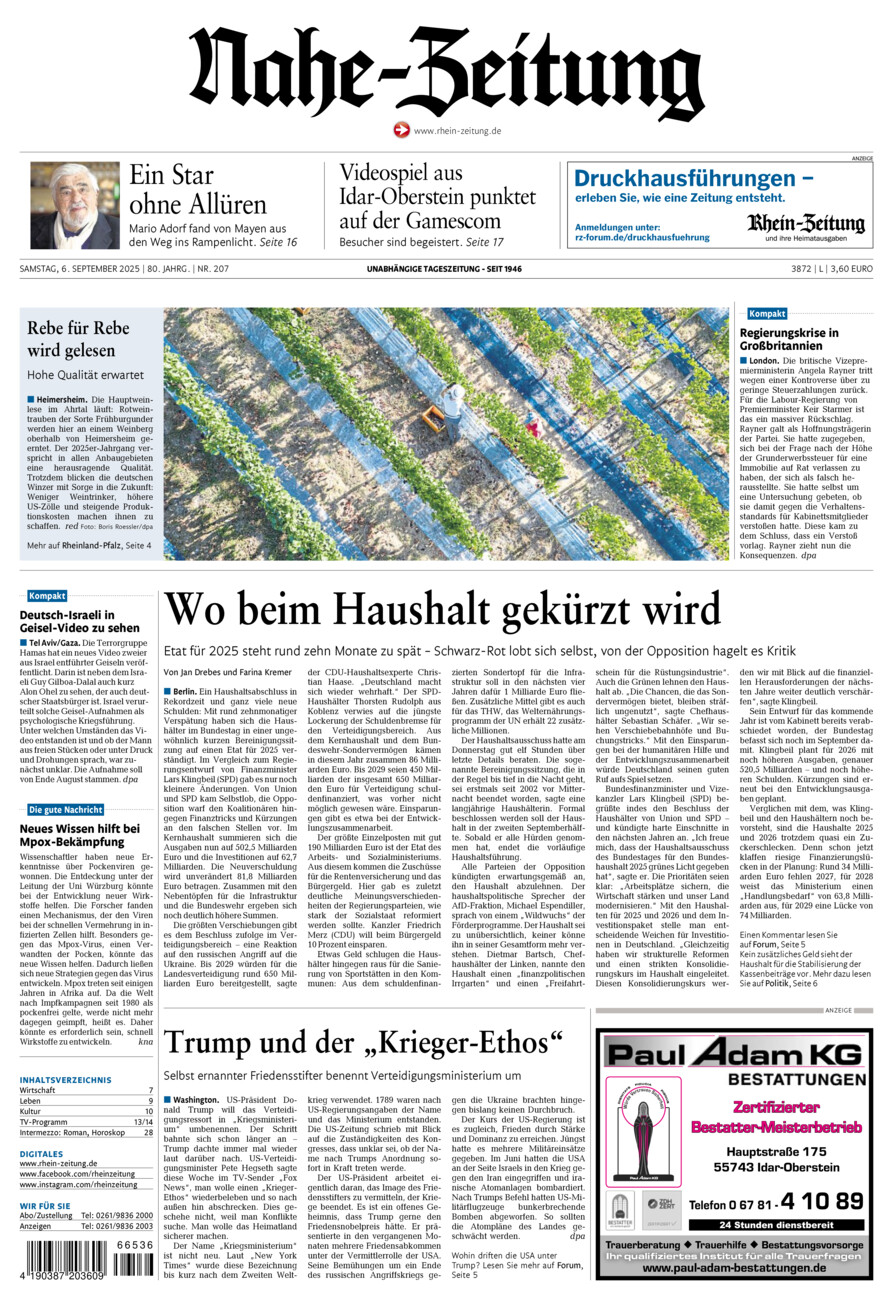 Nahe-Zeitung vom Samstag, 06.09.2025