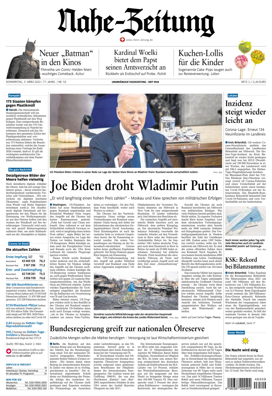 Nahe-Zeitung vom Donnerstag, 03.03.2022