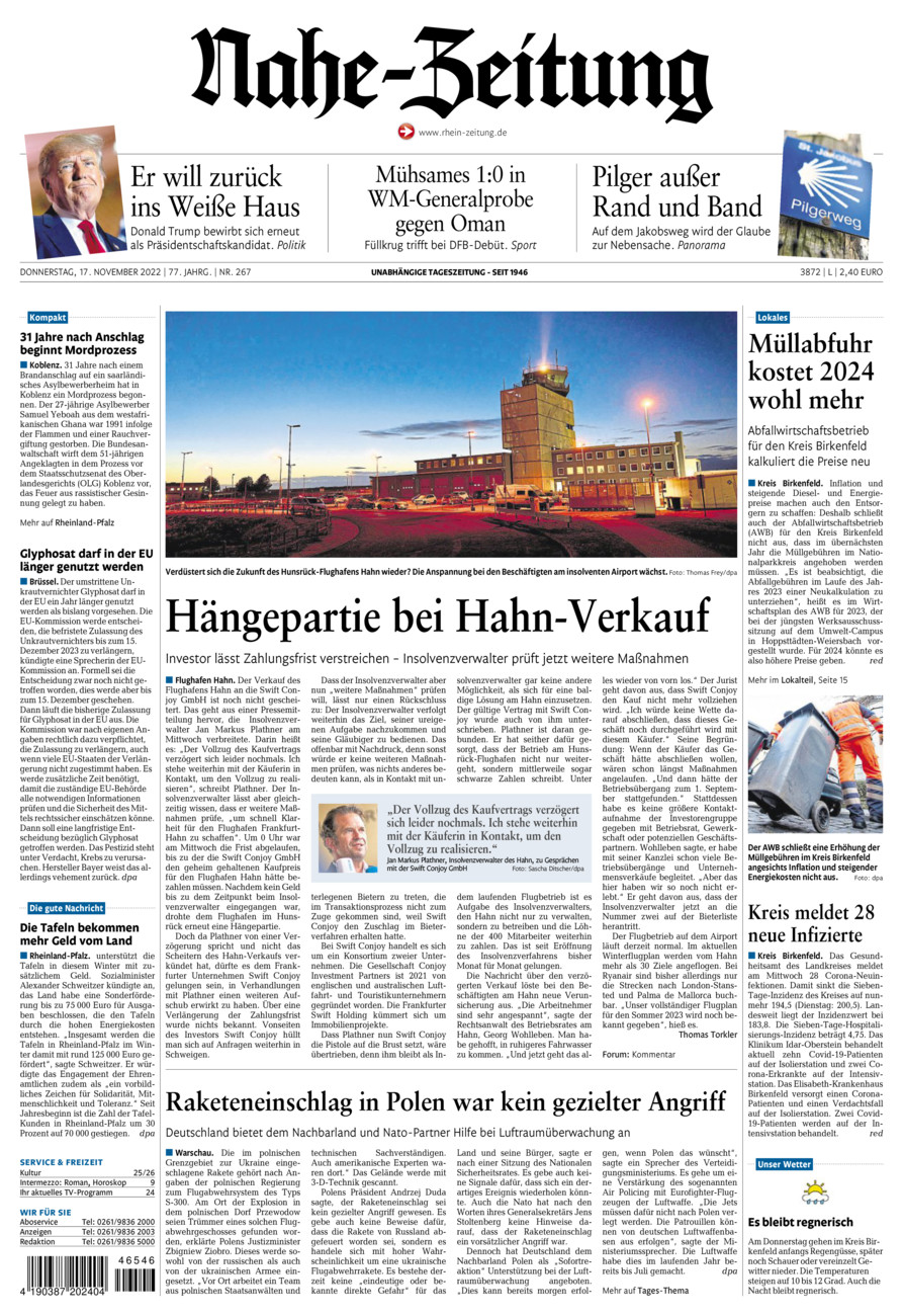 Nahe-Zeitung vom Donnerstag, 17.11.2022