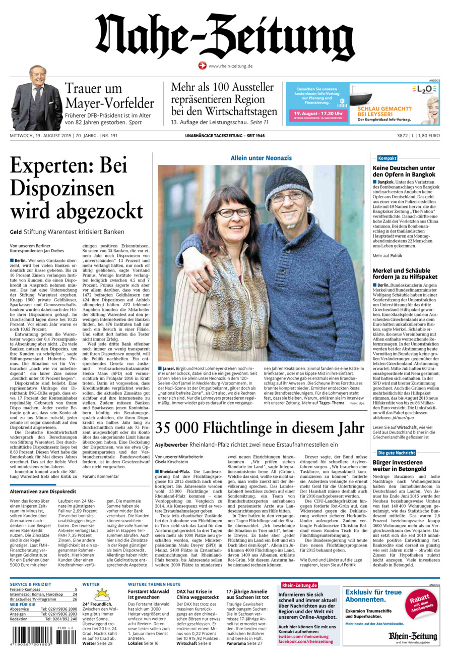 Nahe-Zeitung vom Mittwoch, 19.08.2015