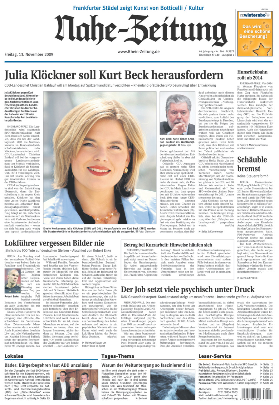 Nahe-Zeitung vom Freitag, 13.11.2009