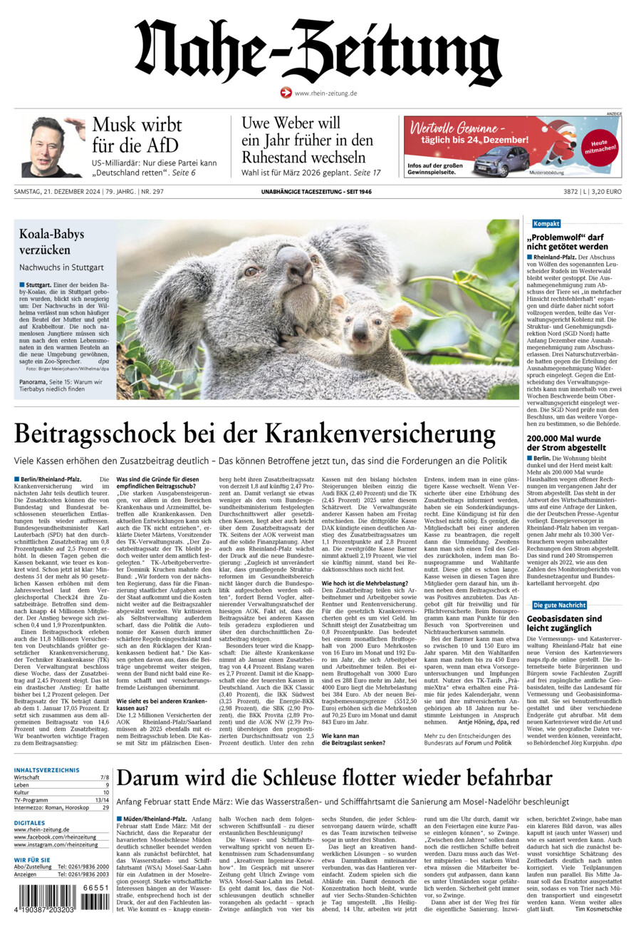 Nahe-Zeitung vom Samstag, 21.12.2024