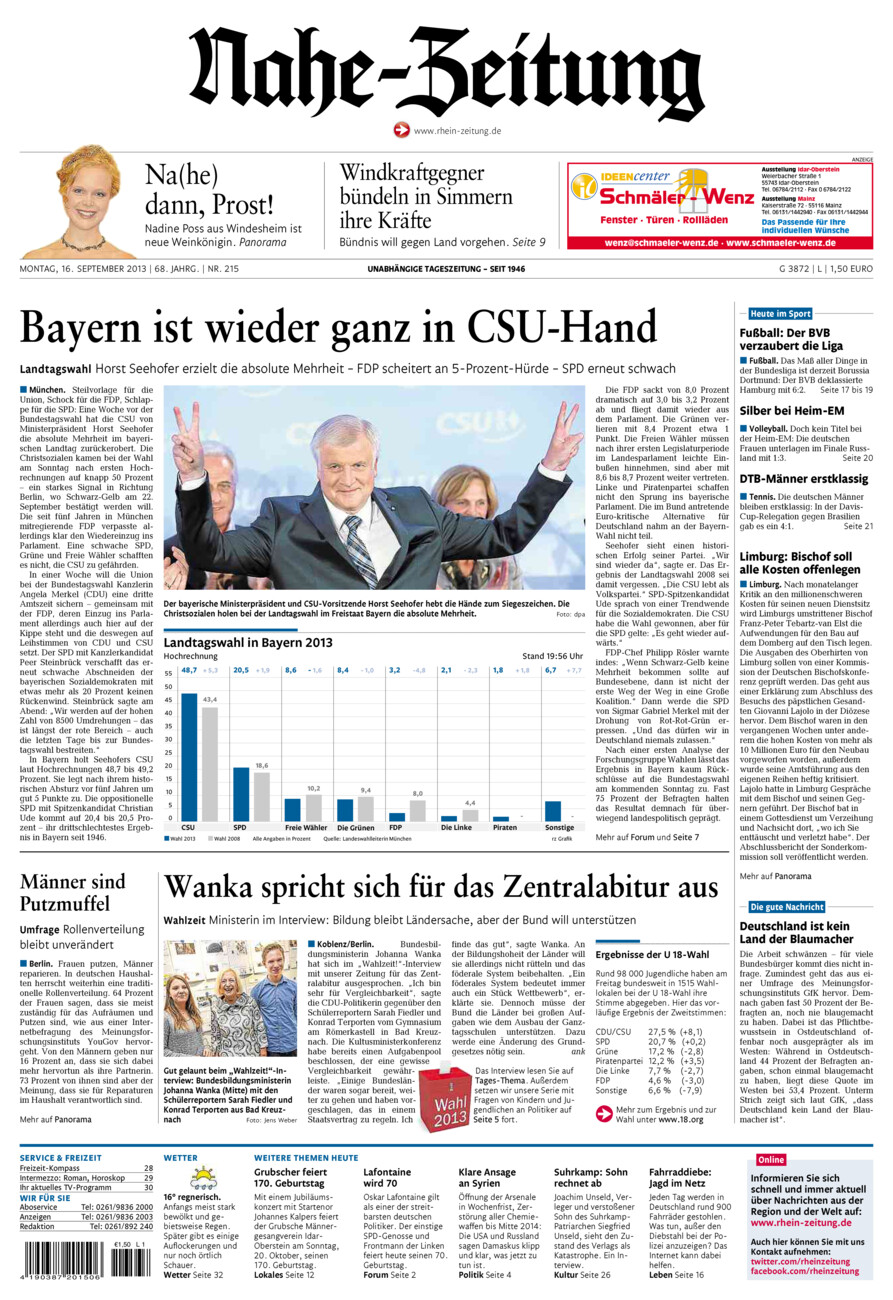 Nahe-Zeitung vom Montag, 16.09.2013