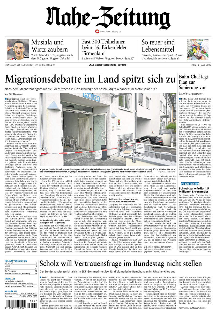 Nahe-Zeitung vom Montag, 09.09.2024