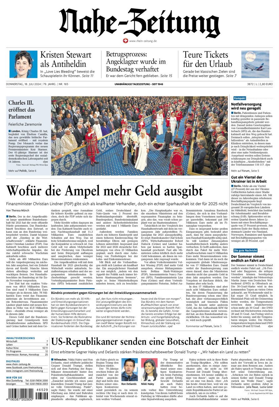 Nahe-Zeitung vom Donnerstag, 18.07.2024