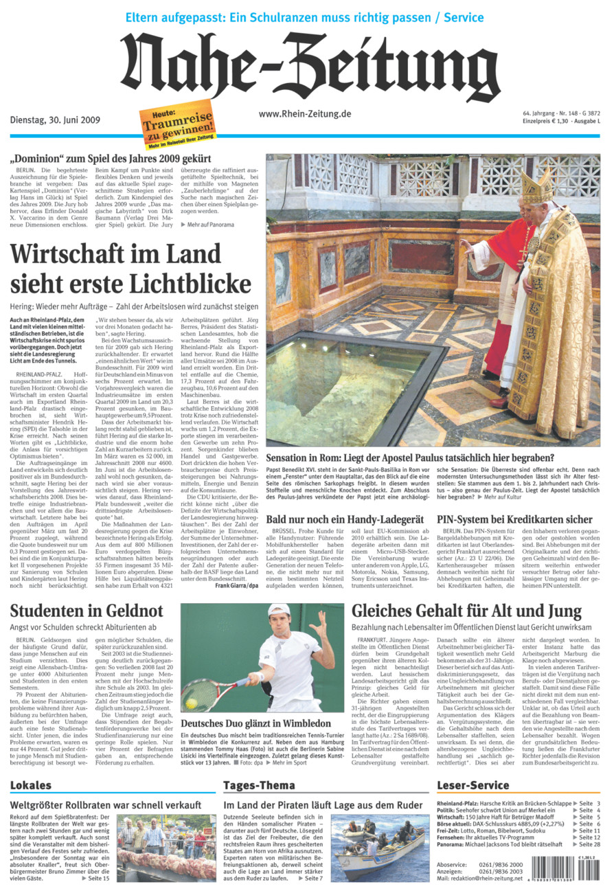 Nahe-Zeitung vom Dienstag, 30.06.2009