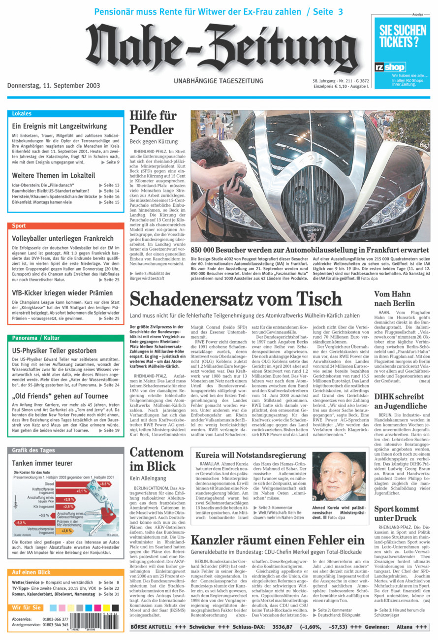 Nahe-Zeitung vom Donnerstag, 11.09.2003