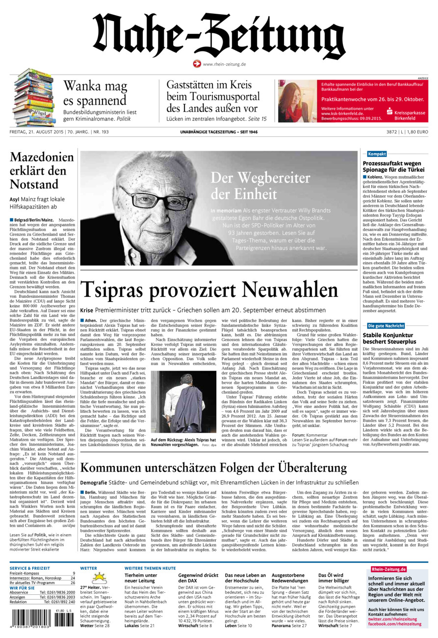 Nahe-Zeitung vom Freitag, 21.08.2015