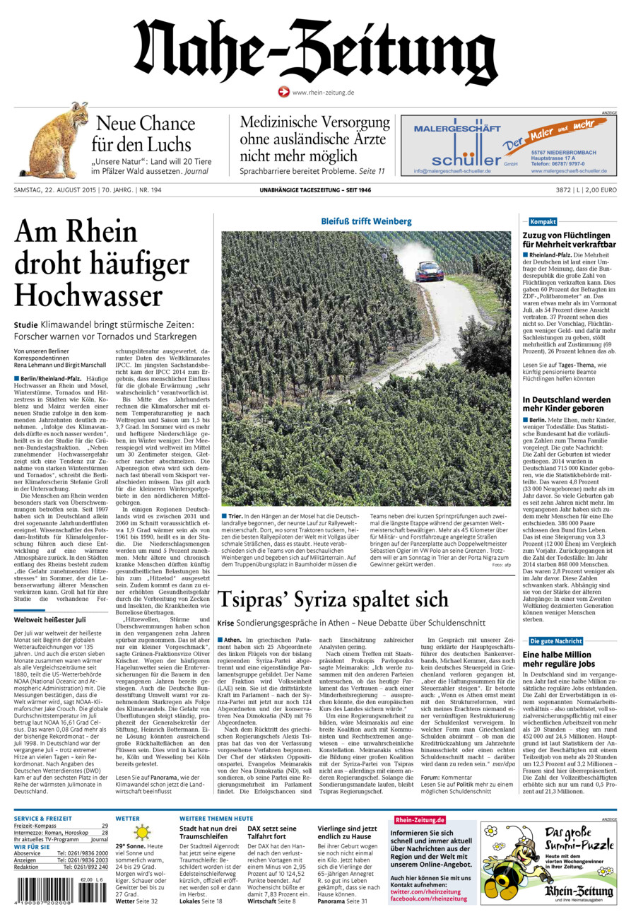 Nahe-Zeitung vom Samstag, 22.08.2015