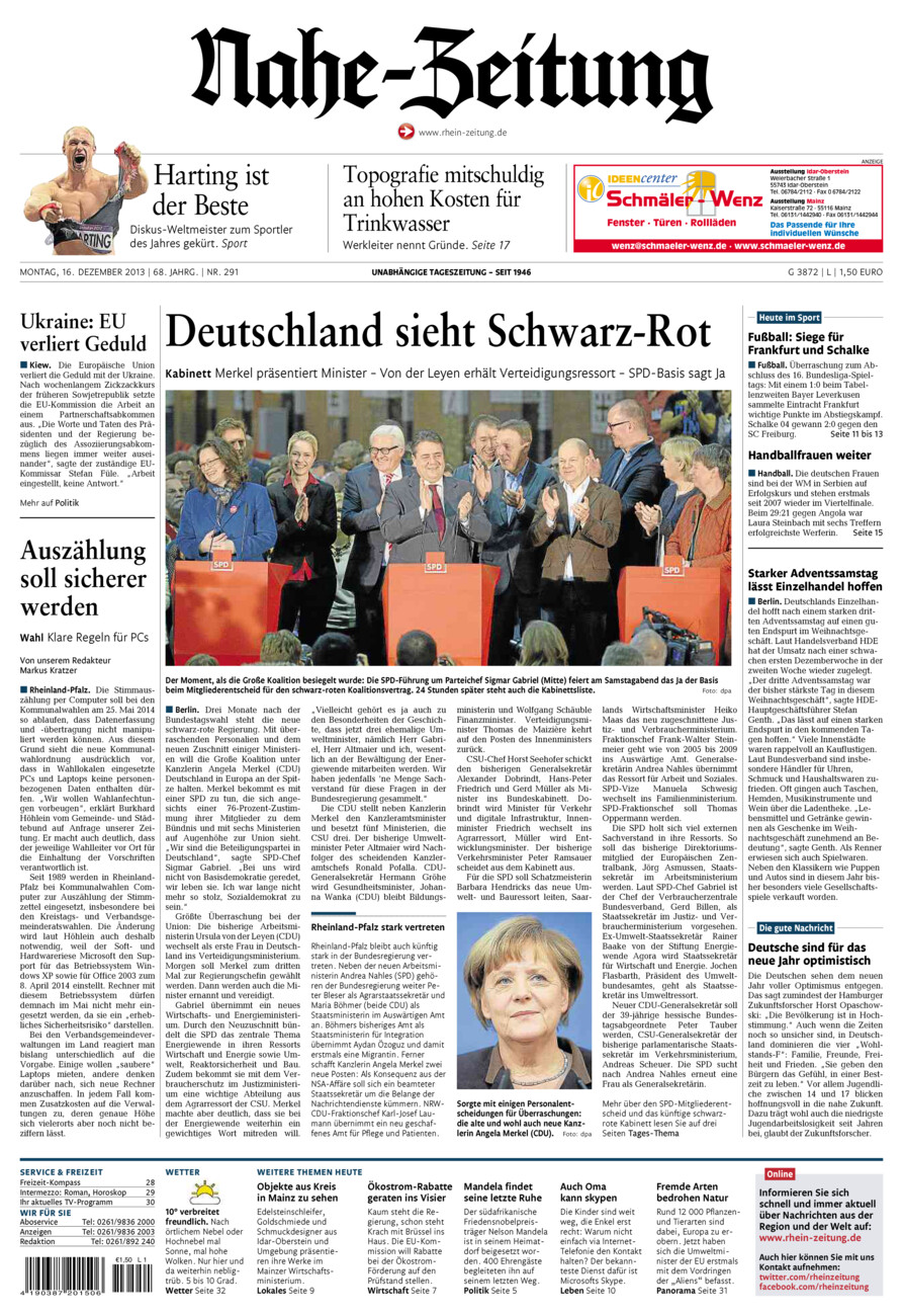 Nahe-Zeitung vom Montag, 16.12.2013