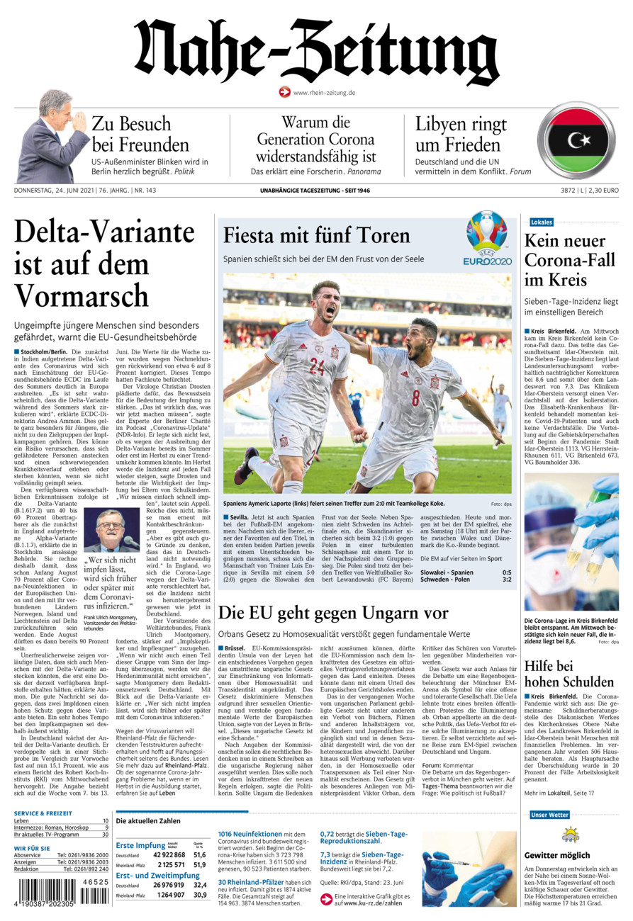 Nahe-Zeitung vom Donnerstag, 24.06.2021