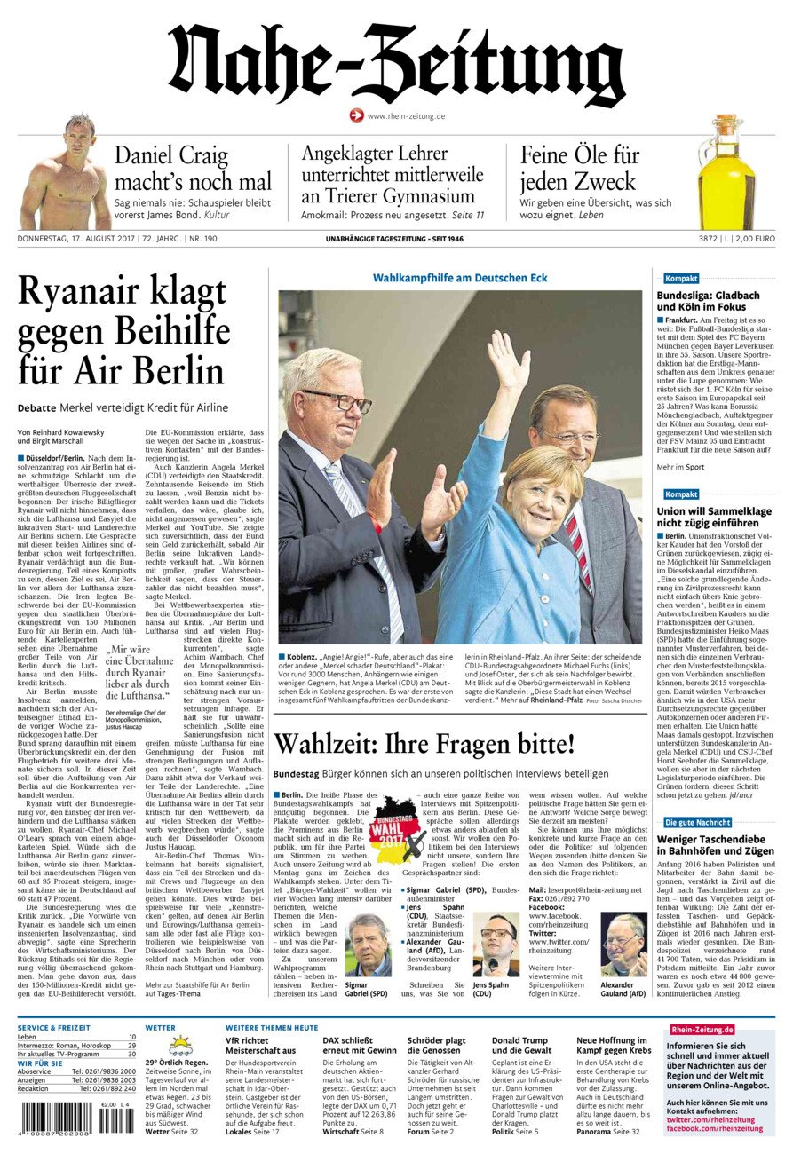 Nahe-Zeitung vom Donnerstag, 17.08.2017