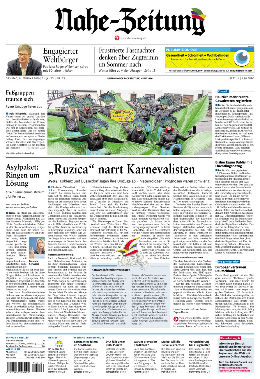 Nahe-Zeitung vom Dienstag, 09.02.2016