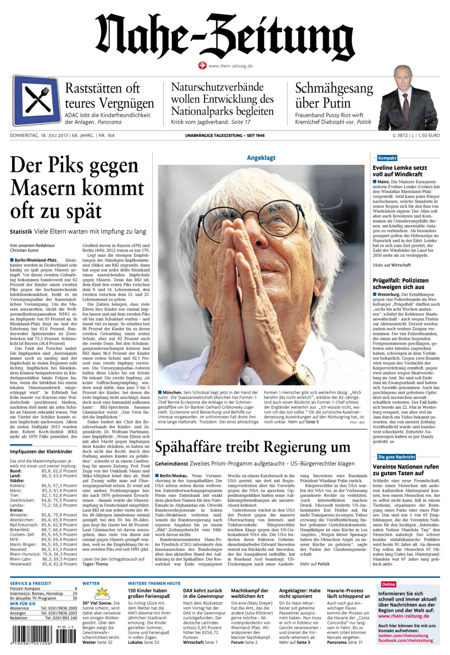 Nahe-Zeitung vom Donnerstag, 18.07.2013