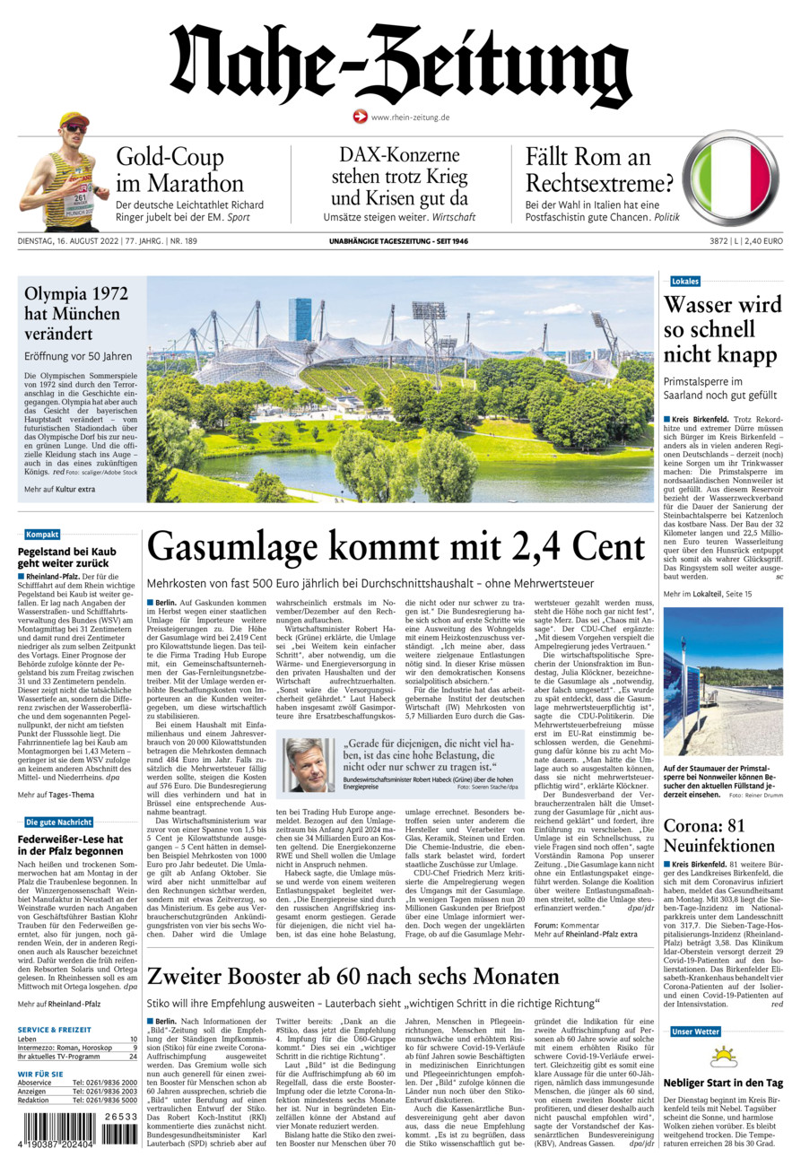 Nahe-Zeitung vom Dienstag, 16.08.2022