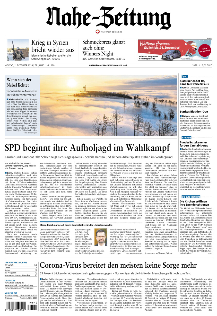 Nahe-Zeitung vom Montag, 02.12.2024