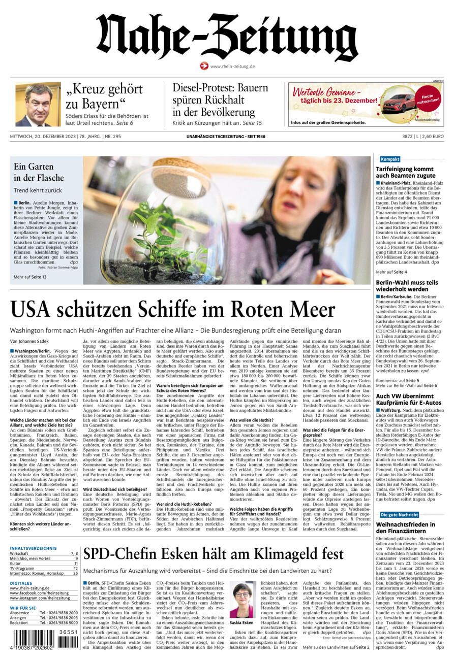 Nahe-Zeitung vom Mittwoch, 20.12.2023