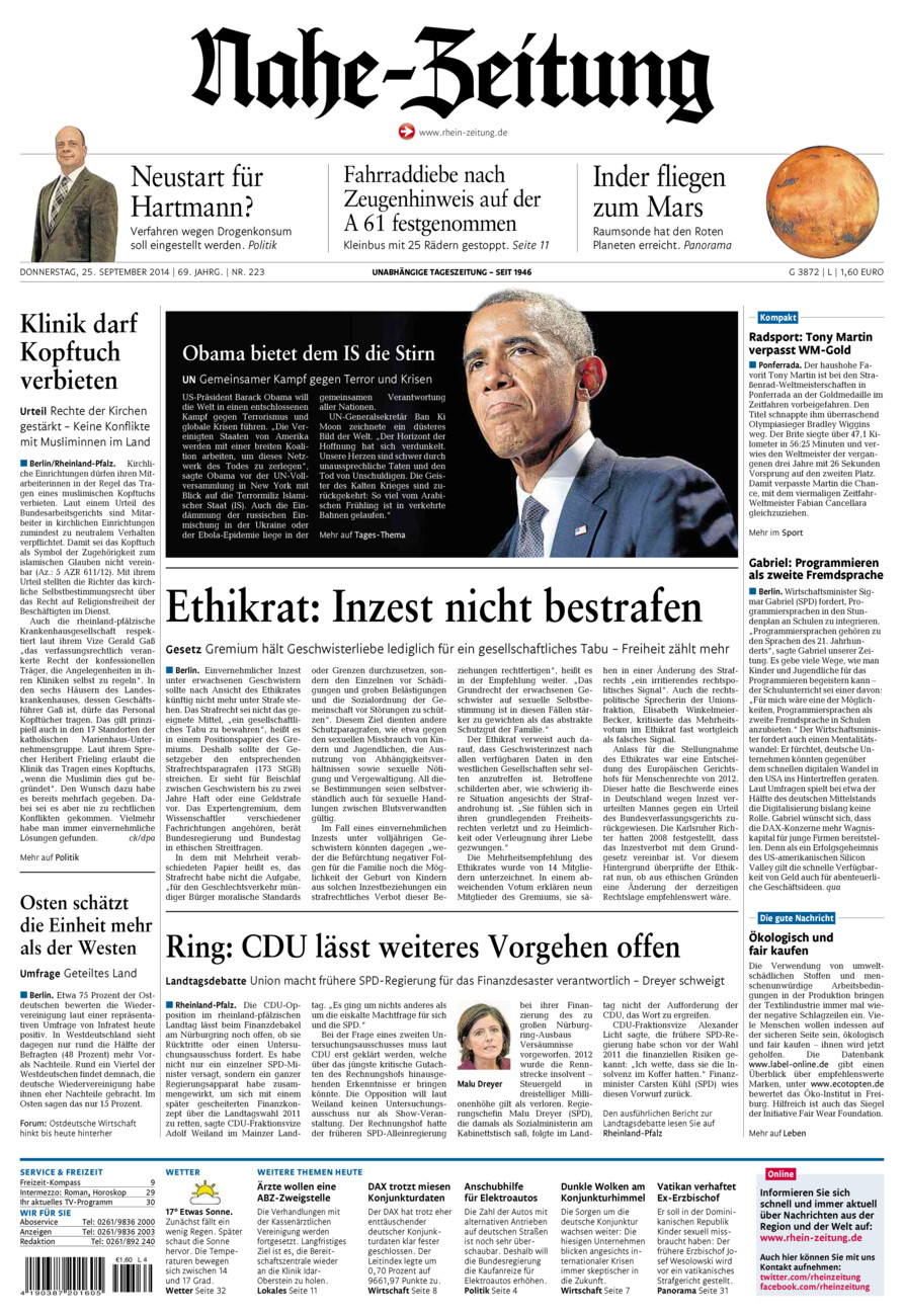 Nahe-Zeitung vom Donnerstag, 25.09.2014