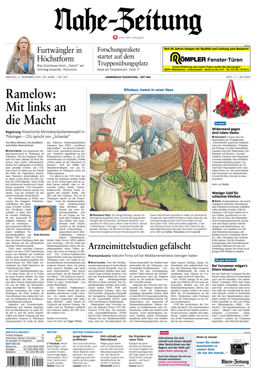 Nahe-Zeitung vom Samstag, 06.12.2014
