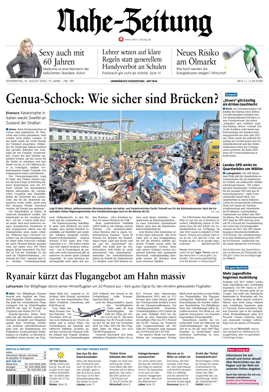 Nahe-Zeitung vom Donnerstag, 16.08.2018