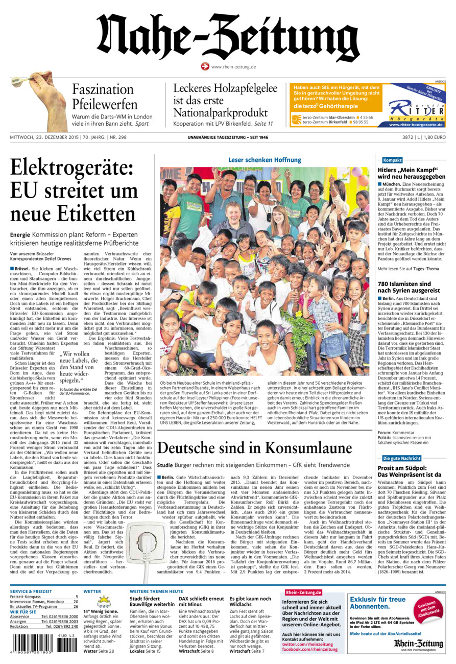 Nahe-Zeitung vom Mittwoch, 23.12.2015