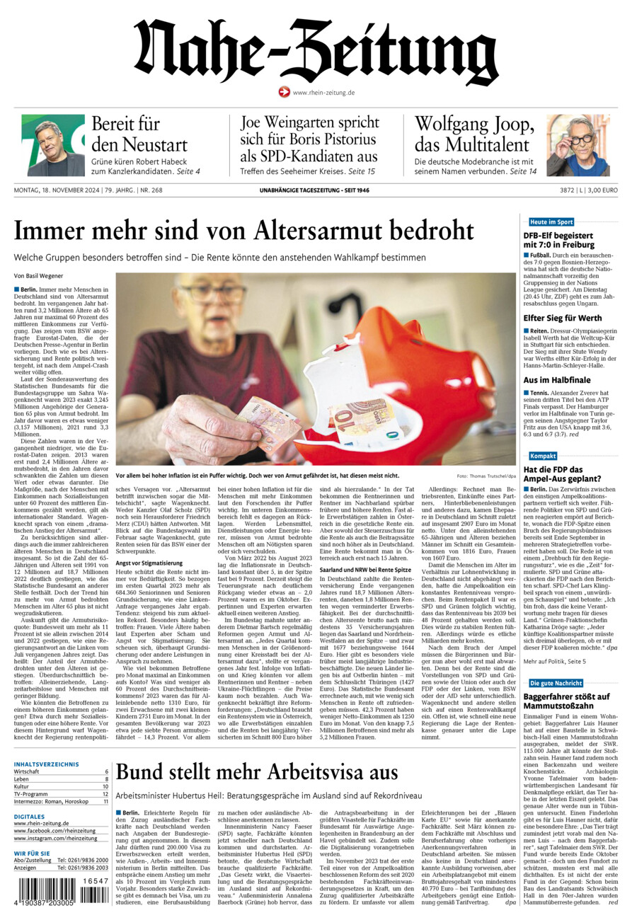 Nahe-Zeitung vom Montag, 18.11.2024