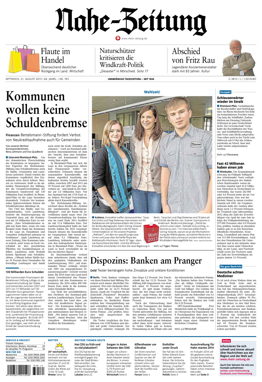 Nahe-Zeitung vom Mittwoch, 21.08.2013